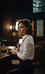 a woman sitting on a table in a kitchen