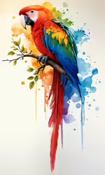 colorful watercolor painting of a red, green and yellow parrot