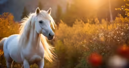 there is a white horse running in a field