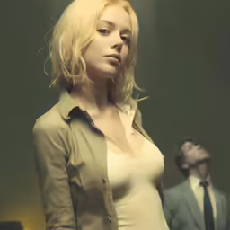 a beautiful blond lady standing next to a man in a suit