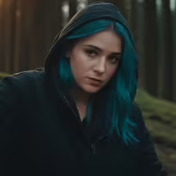 a person standing in the forest, with a blue colored hair