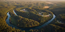 an aerial view of the small island near the river