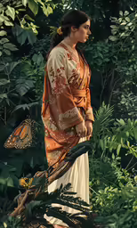 a woman in traditional japanese costume in a forest
