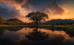 the sun is going down with the clouds reflecting on water