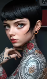 a woman with tattoos and piercings on her neck
