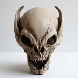 a close up view of a face made of an alien with large horns