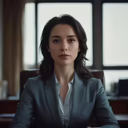 a beautiful young lady in a blue suit sitting at a desk