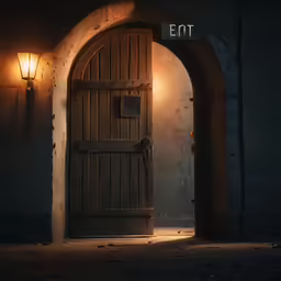 a light up sign that says exit behind a doorway