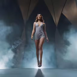 a woman in a bathing suit stands on a runway with a backdrop