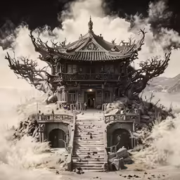 a surreal landscape that has stairs and buildings in it
