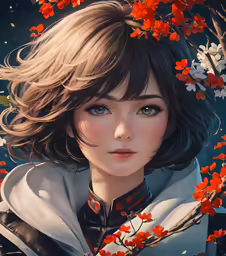 a woman with long hair standing in front of a branch filled with red flowers
