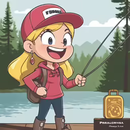 an illustration of a girl with a hat and a rod