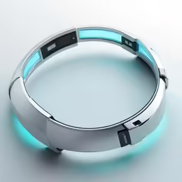 a futuristic looking bracelet that is glowing blue