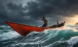 two people in a boat out on some waves,two men sit in a small boat on the ocean