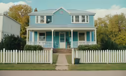 a blue house sits with picket fence in front of it