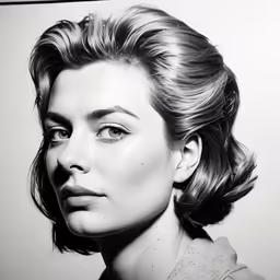 a woman in black and white wearing a high bun