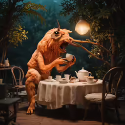 a weird looking animal eating out of a cup