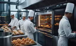 there are four chefs preparing food inside of the kitchen
