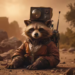 a raccoon wearing a suit and hat sits with a camera