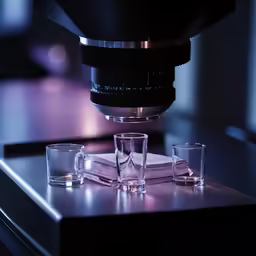 some glasses are next to an electronic microscope