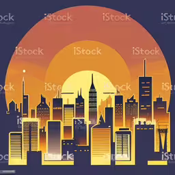 the silhouette of a city at sunset royalty,a city with buildings and sunset royalty photo