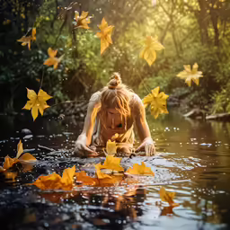 a woman laying down in the water surrounded by leaves