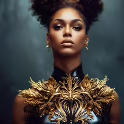 a woman wearing a gold top and black bra
