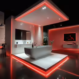 a modern bathroom with a large, sleek tub and red lights