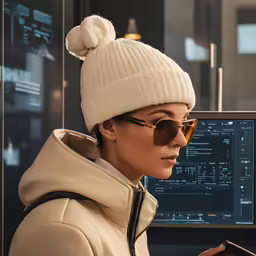 woman wearing sunglasses looking at a display while reading