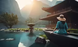 a woman wearing a hat is sitting in a boat