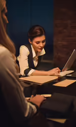the woman is working on her laptop at a desk