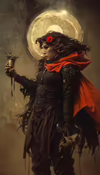 a woman in black with long hair holding a candle