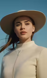 a young woman wearing a large hat poses