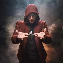 a man in a red hooded jacket holding two hands while making a magic trick