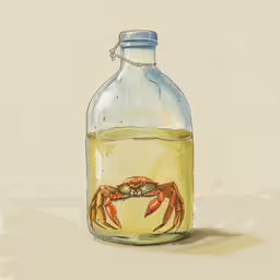 a glass bottle filled with liquid that has a crab in it,there is a bottle of food that has crab in it