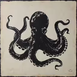 a drawing of an octopus with a black frame,an octopus print on a black and white background