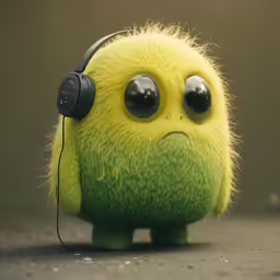 a green toy that has ears and a headphone on