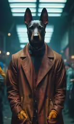 a dog is in a coat, wearing a scarf and gloves