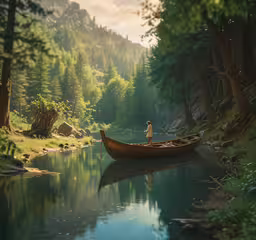a man sits on the back of a boat with trees around him,a person sitting in a boat on a river near trees
