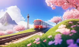 a train traveling down tracks next to green grass and flowers