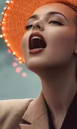 a woman with her mouth open with a bright orange hat on