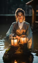 woman wearing a traditional costume holds two lit lanterns on a boat