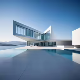 the glass front of a modern home overlooking water