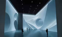 a man standing next to some people inside of a white room