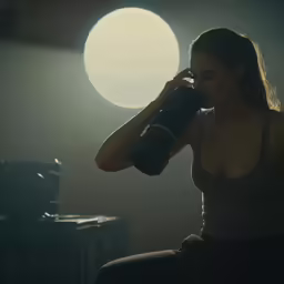 the young woman is holding a bottle in her hand