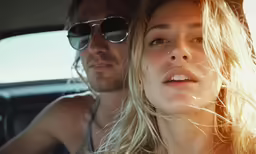a woman in a car with a man behind her