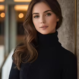 a beautiful young woman posing next to a building