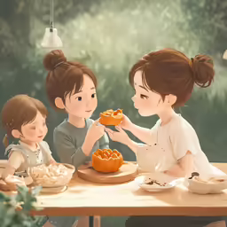 three little girls eating donuts at the table