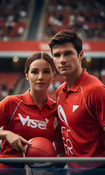 young couple in red shirts posing for a picture