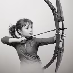 a little girl is holding her bow and aiming it